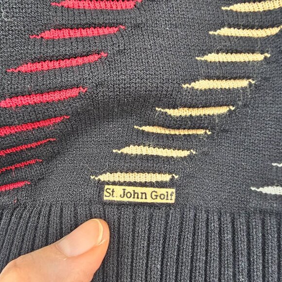 St. John Golf Chevron Intarsia Knit Vest L Black Red Tan Preppy Luxury Artsy - Picture 3 of 10